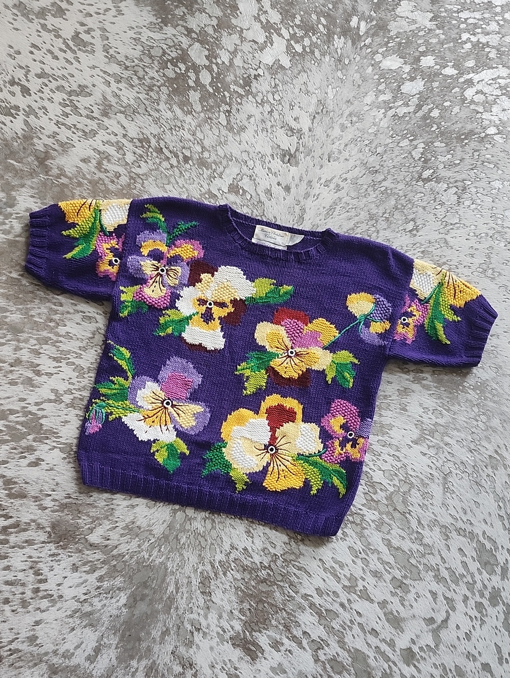 Marisa Christina Classics Vintage Hand-Knit Floral Short Sleeve Sweater SzS